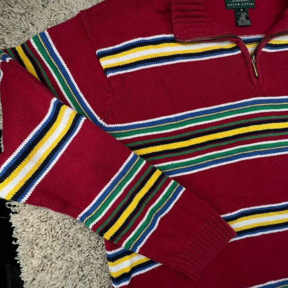 Lauren Ralph Lauren Sweater Striped Colorful Medium Cotton Oversized 1/4 Zip - Picture 9 of 13